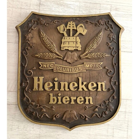 Vintage Heineken bieren Holland Beer Faux Wood Sign 12 x 11 Nec Pluribus Impar - Picture 1 of 7